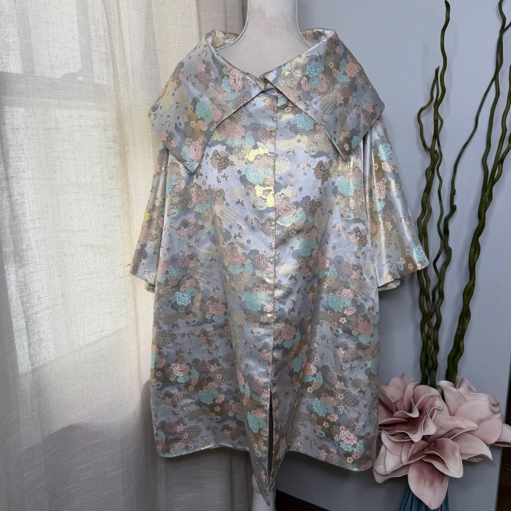 NWT Buru Car Coat Silver Chinoiserie Floral Brocade Metallic Women's Size L/XL